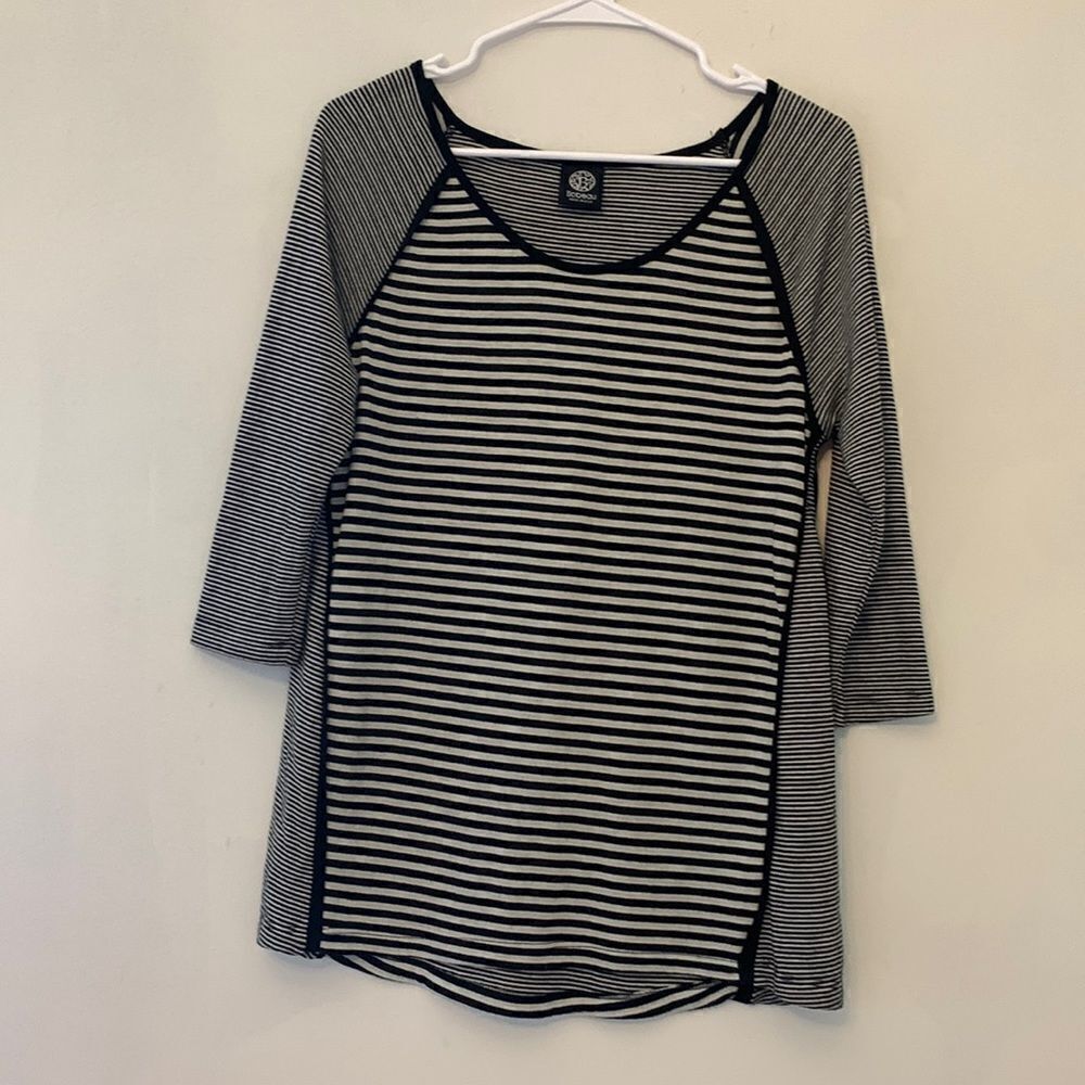 Bobeau black and gray striped tunic 3/4 length sleeves Size S Length 28”